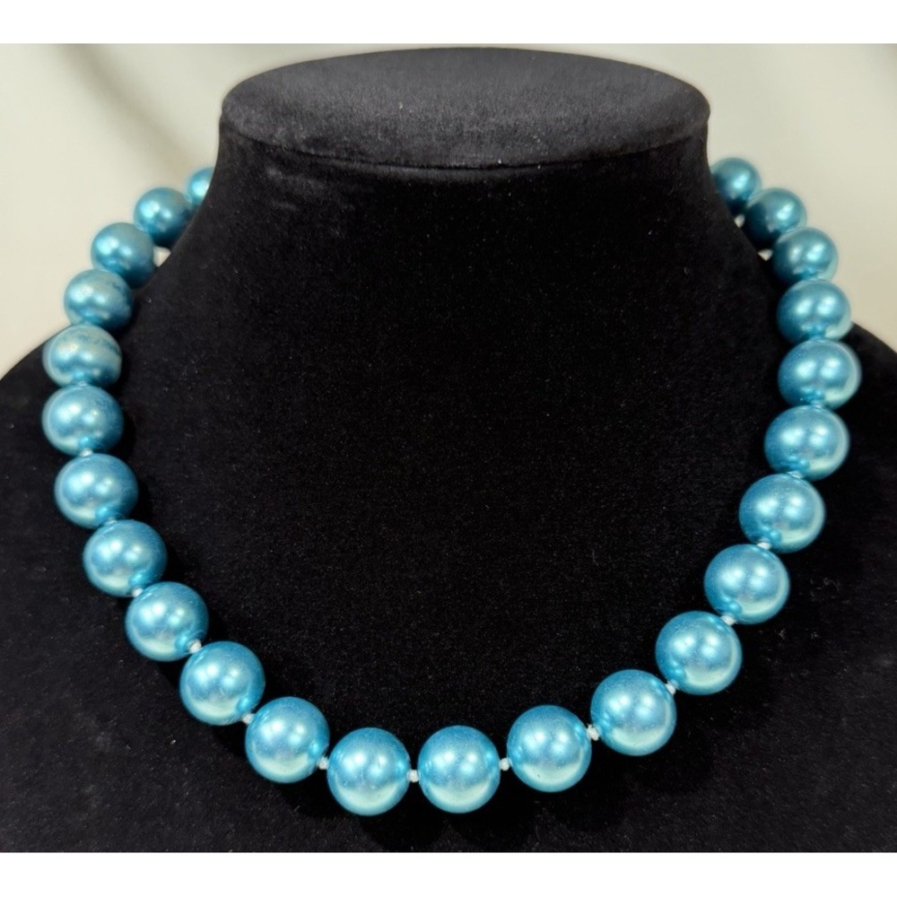 Turquoise Blue Faux Pearl Beaded Necklace Large Knotted Beads Silver Tone 18"